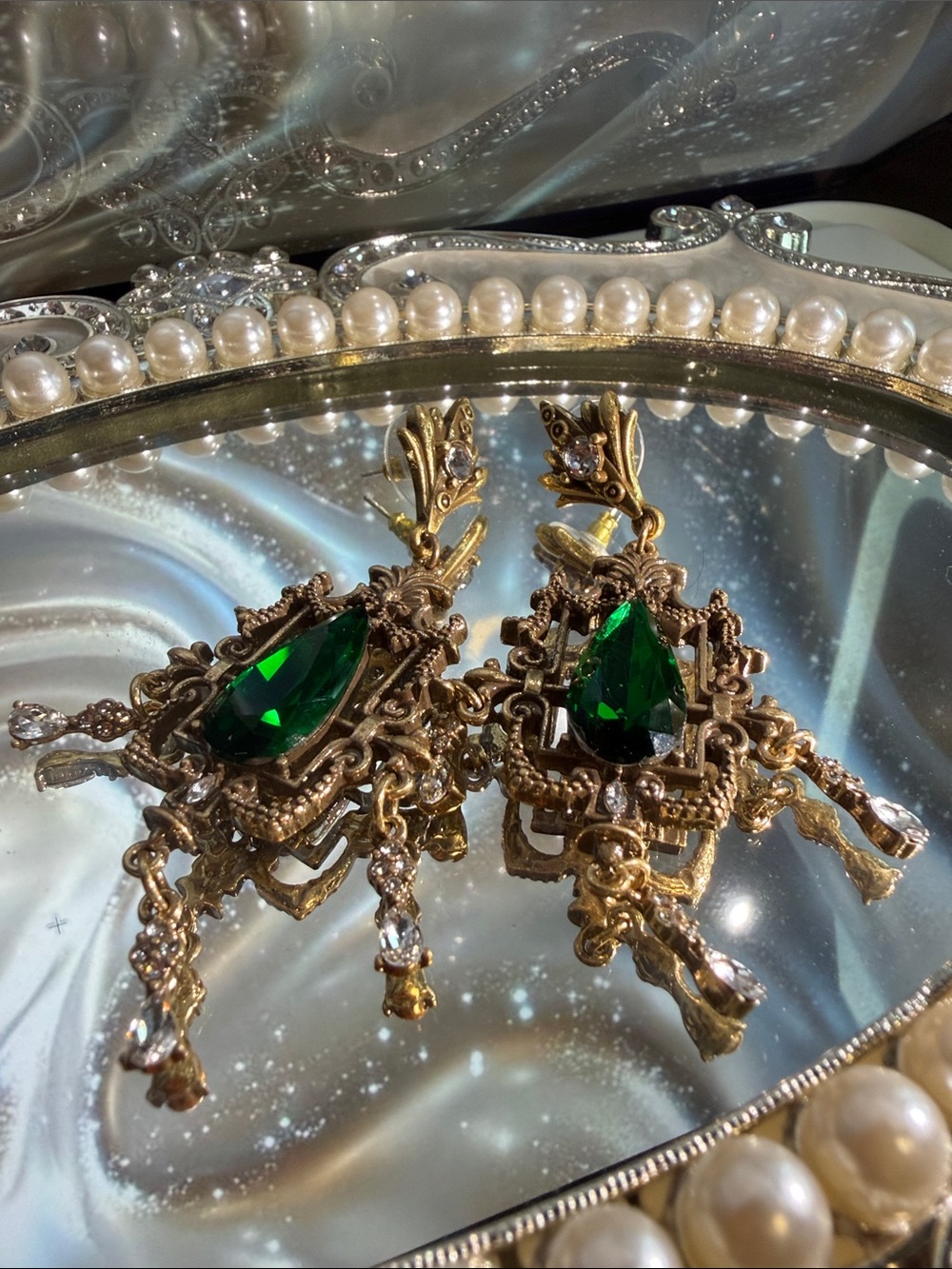 Ornate Gold-Tone Drop Earrings with Emerald Green Teardrop Crystals